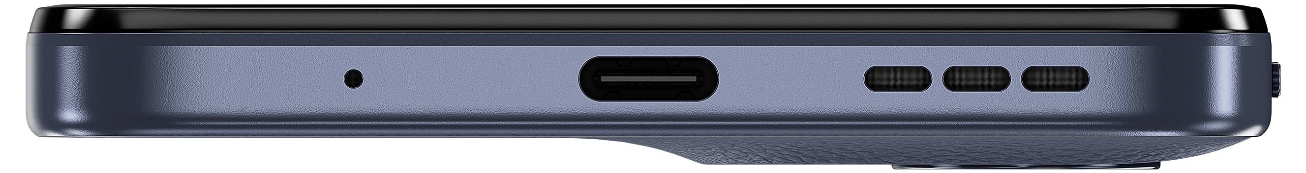 Sidovy av en blå smartphone som visar laddningsporten, tre knappdesigner och ett litet mikrofonnål.