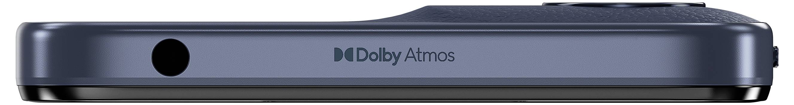 Sidovy av en smartphone som visar en "Dolby Atmos"-etikett, som framhäver funktionen för audioförbättring, med en kameralinse synlig överst.
