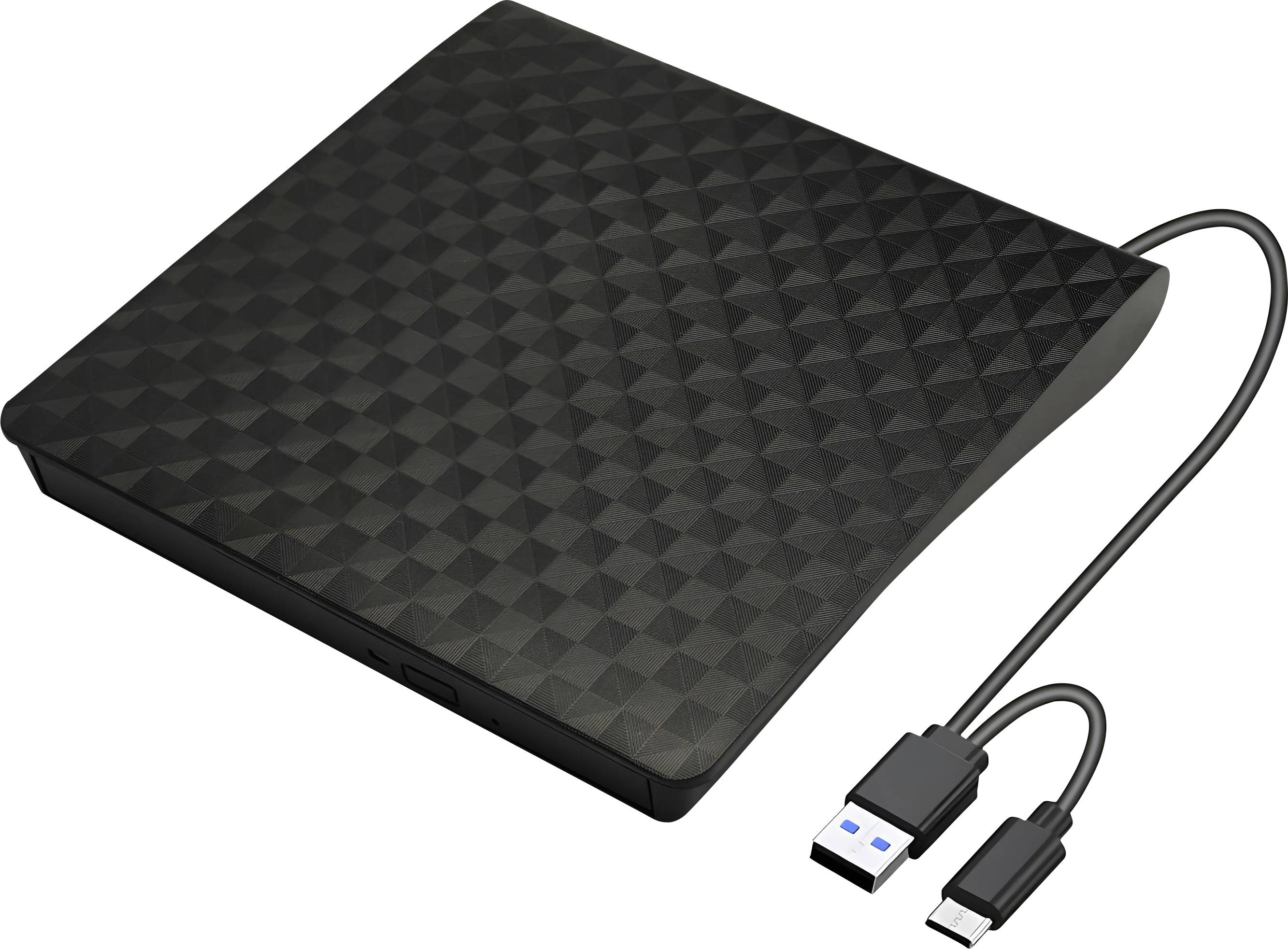 En smal, svart extern DVD-enhet med en strukturerad yta och en dubbel USB-anslutningskabel för anslutning till datorer.
