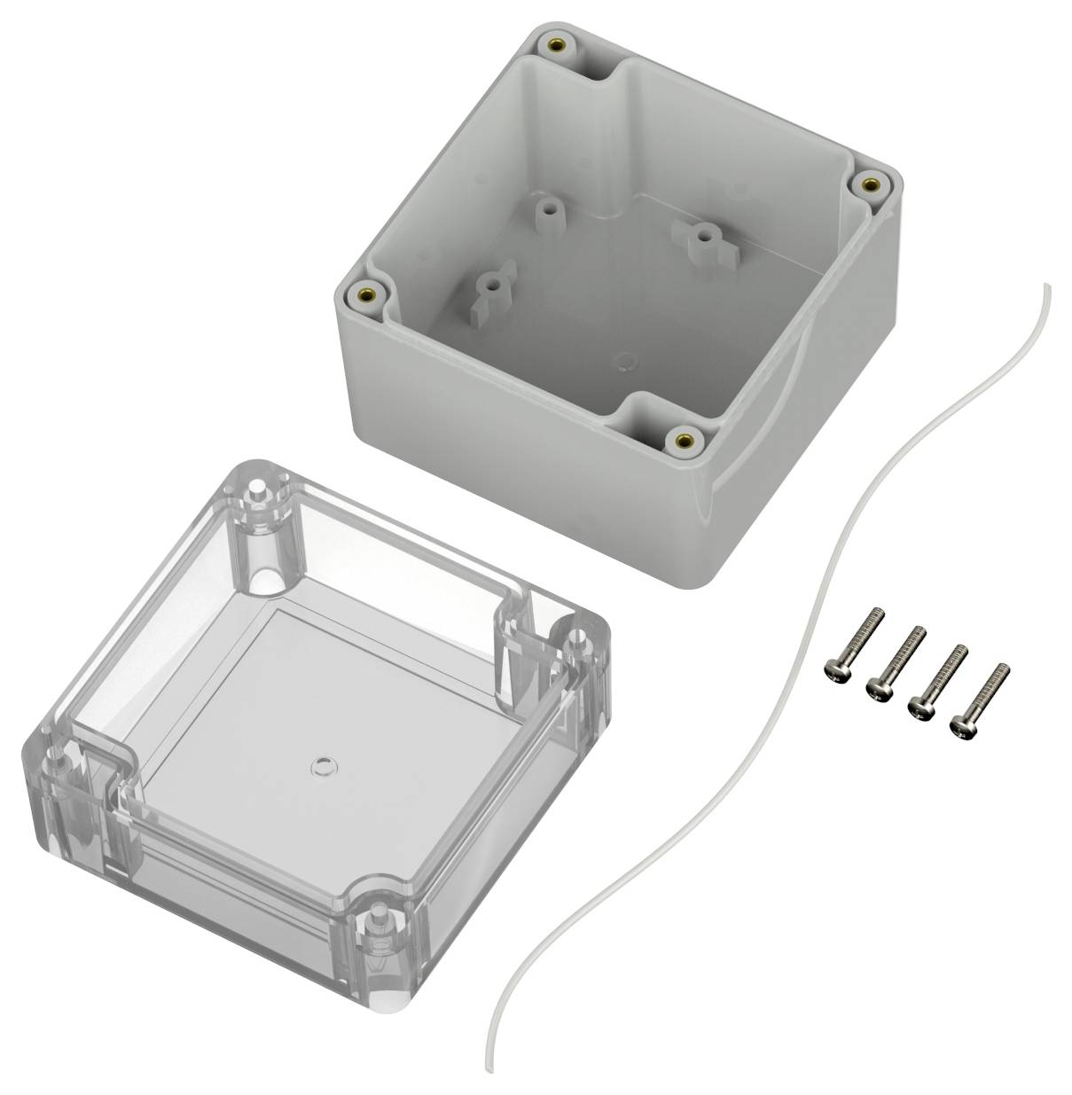 En grå plastjunctionslåda med ett transparent lock, visad isär, bredvid en vit tätningsremsa och fyra skruvar.