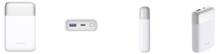 Bärbar vit powerbank med kompakt design, utrustad med USB-portar för laddning av enheter. Olika vinklar visar fram-, sido- och ovanifrånvyer.