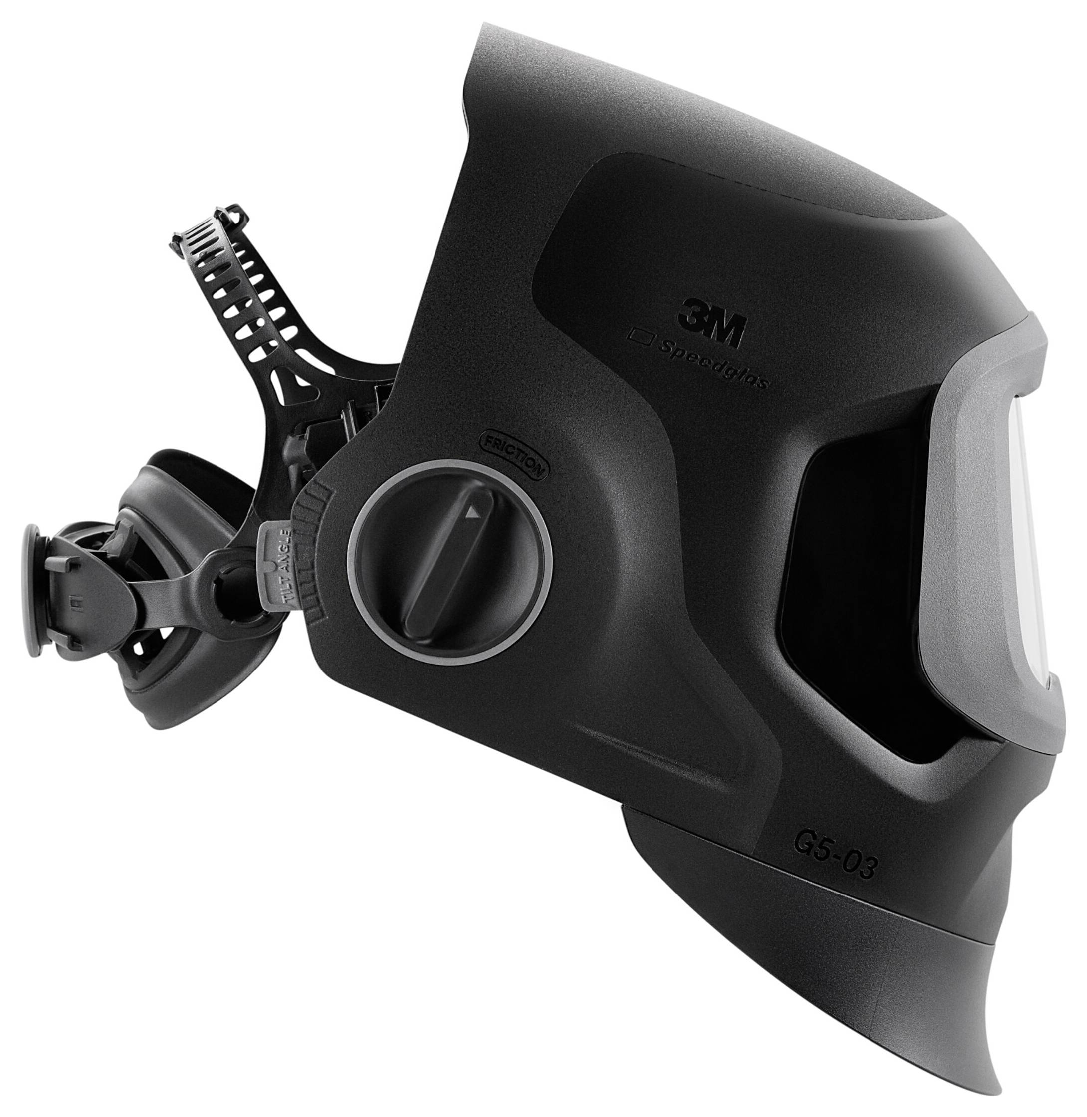 En svart gasmask med sidoplacerat filter och justerbar rem, avsedd för andningsskydd.