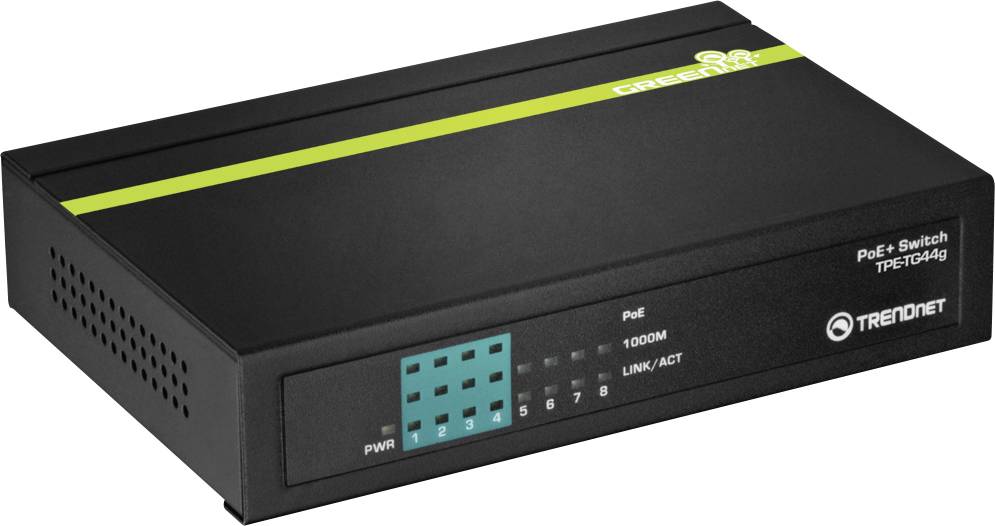En svart TRENDnet PoE-switch, modell TPE-TG44g, med indikatorlampor och 'GreenNet'-märkning, används för nätverksanslutningar.