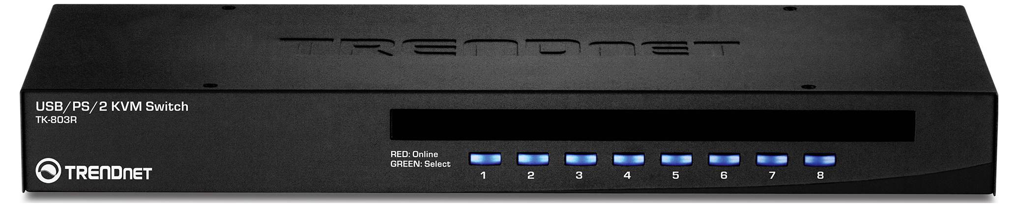 TRENDnet USB PS/2 KVM-switch TK-803R med åtta numrerade portknapppar och strömindikatorlampor.