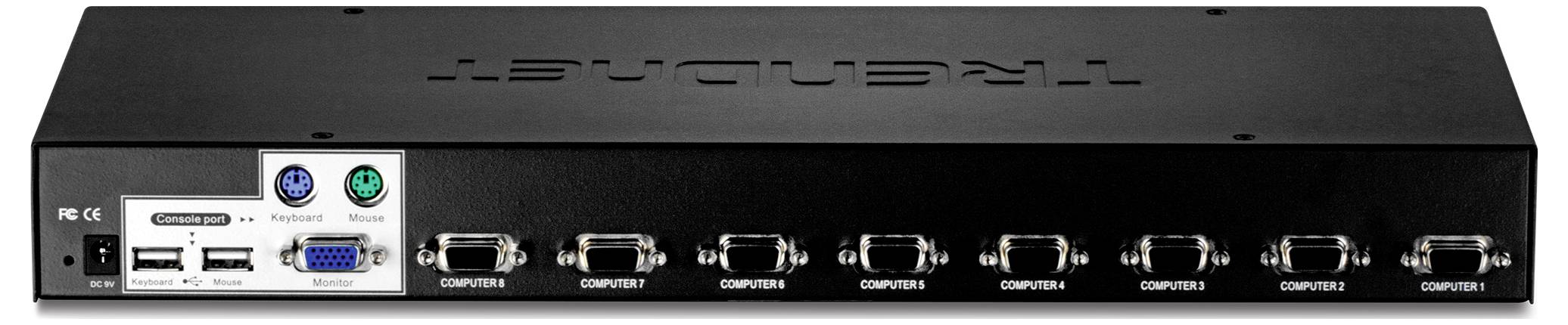 En svart TRENDnet KVM-switch med åtta VGA- och USB-portar märkta 'Computer'; tangentbord-, mus- och skärmportar finns till vänster.