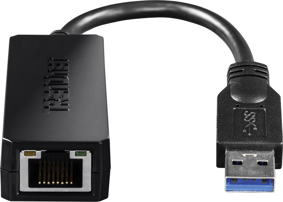En svart USB till Ethernet-adapter med en USB 3.0-kontakt på ena änden och en Ethernetport på den andra, som används för att ansluta enheter till ett nätverk.