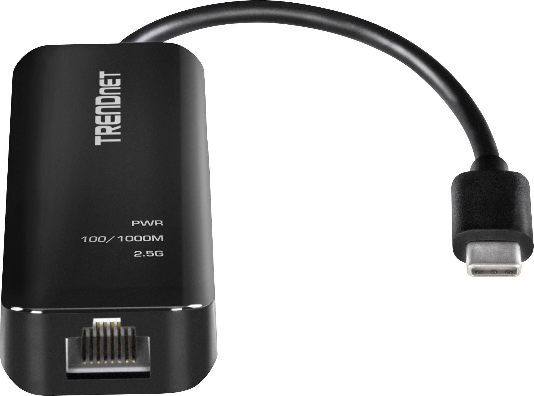 Svart TRENDnet USB-C till Ethernet-adapter med märkta hastighetsindikatorer: PWR, 100/1000M, 2.5G.