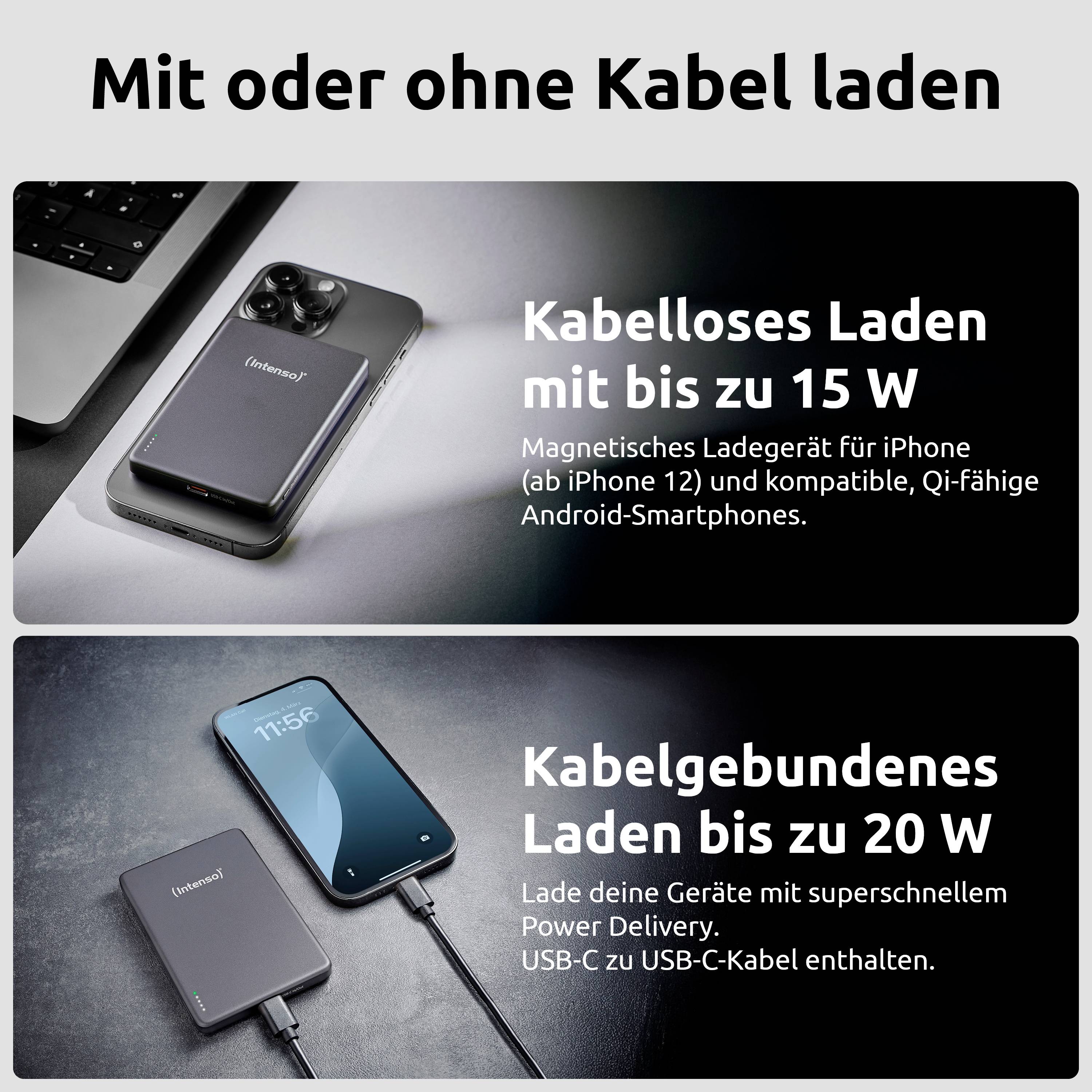 Bild som visar två sektioner: trådlös laddning med magnetisk laddare upp till 15W och kabel-laddning upp till 20W med USB-C-kabel.