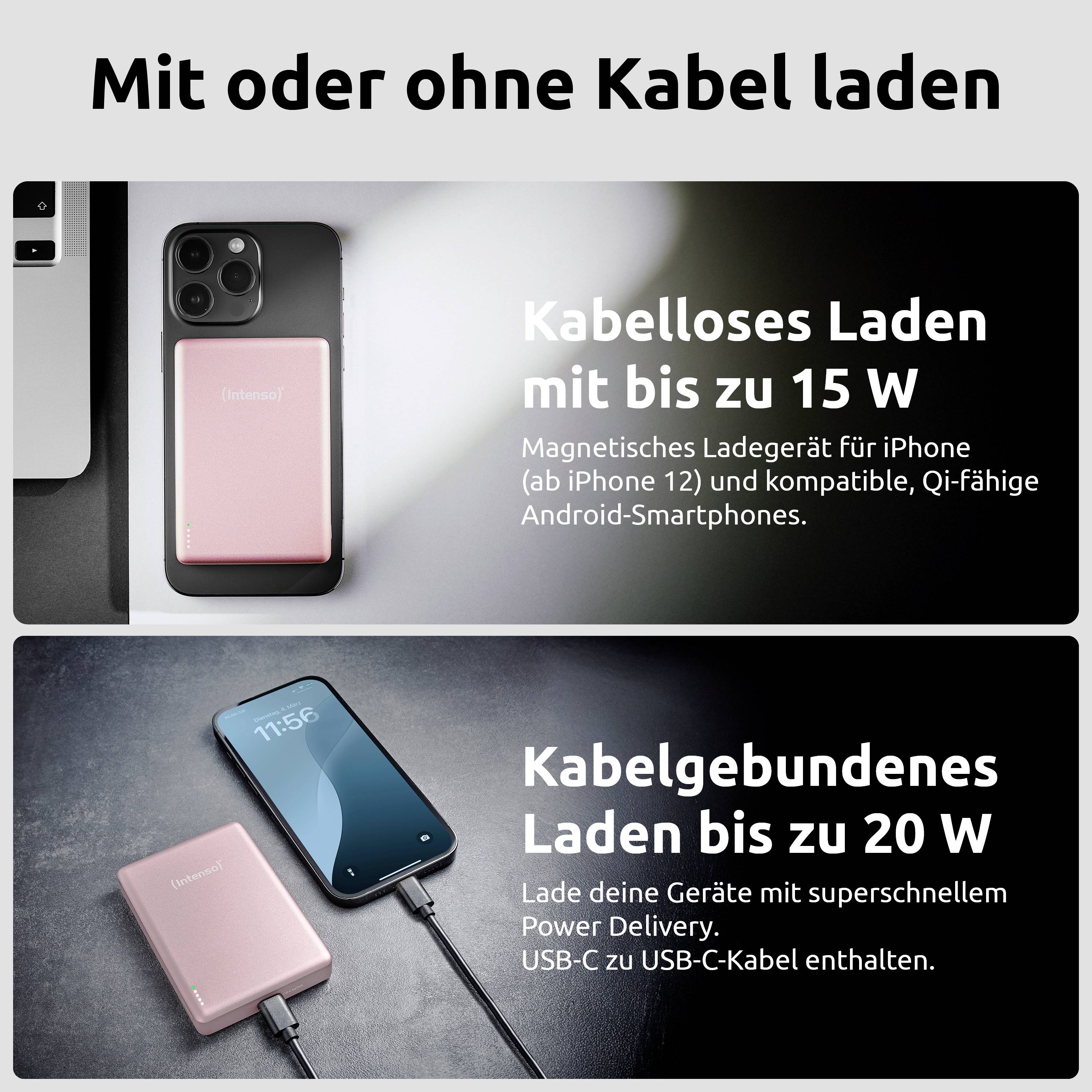 'Laddning med eller utan kabel'. Överkant: Trådlös laddning upp till 15W för iPhone (från iPhone 12) och Android. Underkant: Trådbunden laddning upp till 20W med USB-C.
