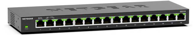 En svart 16-portar NETGEAR nätverksswitch med gröna LED-indikatorer, använd för att ansluta flera enheter inom ett lokalt nätverk.