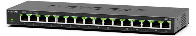 En 16-portars NETGEAR nätverksswitch med LED-indikatorer, används för att ansluta flera enheter i en trådad nätverksinstallation.