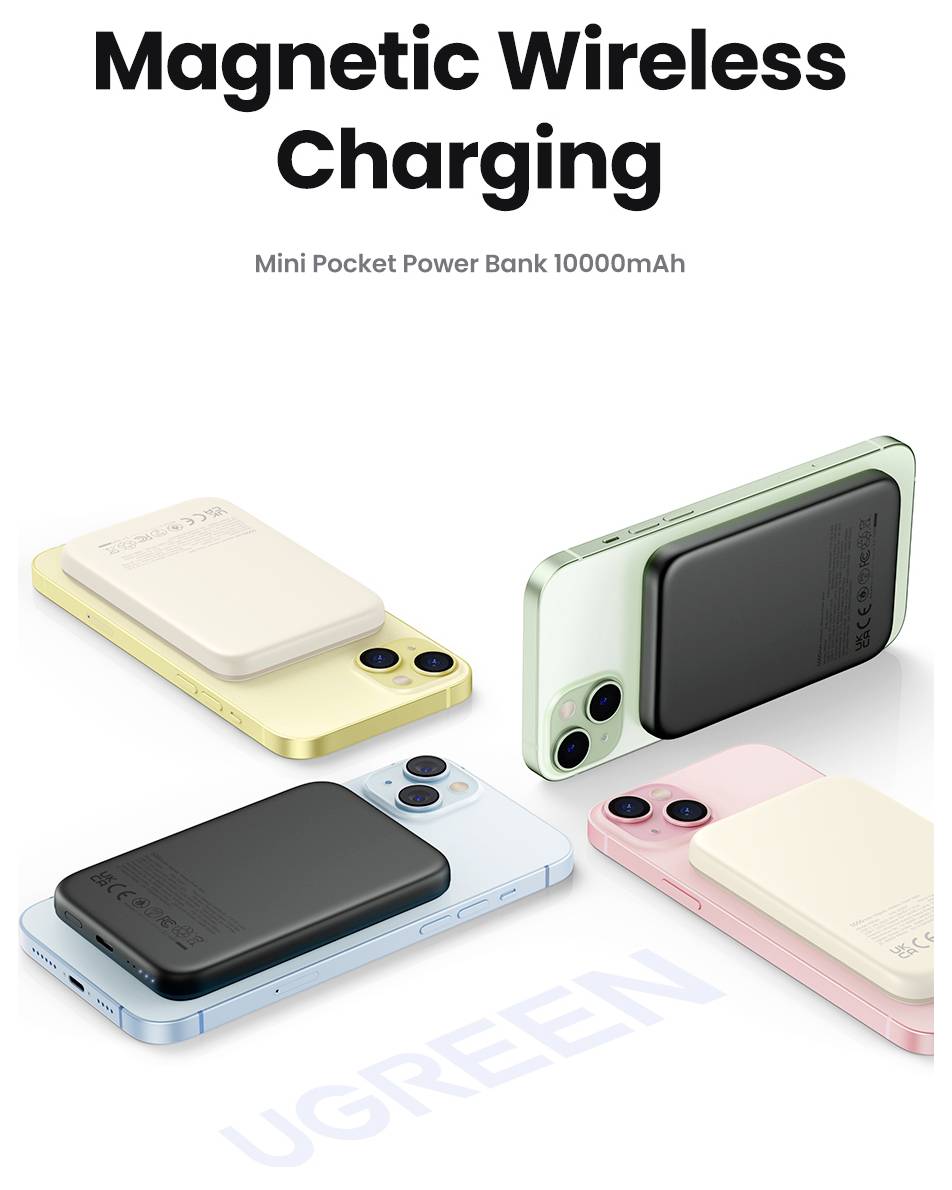 IPhone-enheter med magnetiska trådlösa laddare i olika färger, som visar UGREEN mini-powerbank, med 10000mAh kapacitet.