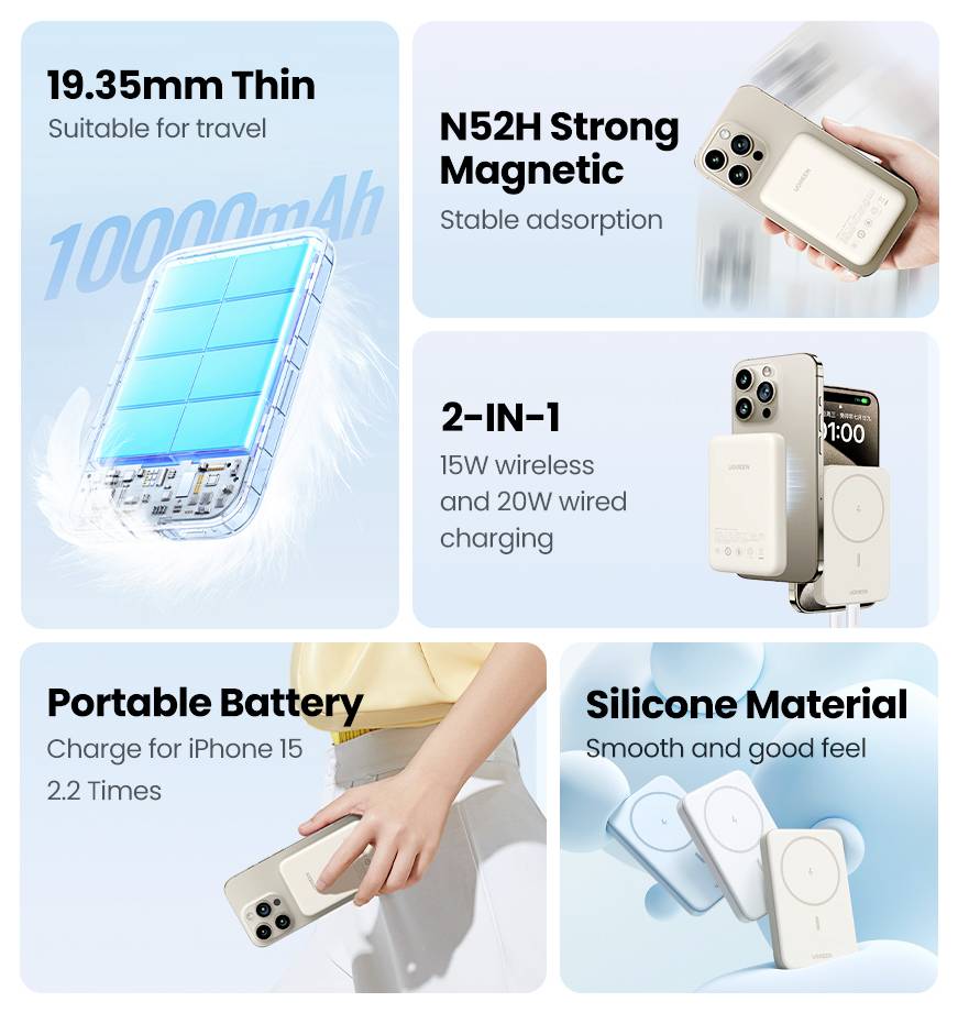 Kompakt magnetisk portabel batteribank för iPhone 15; 10000mAh kapacitet; 15W trådlös, 20W trådbunden laddning; mjuk silikondesign.
