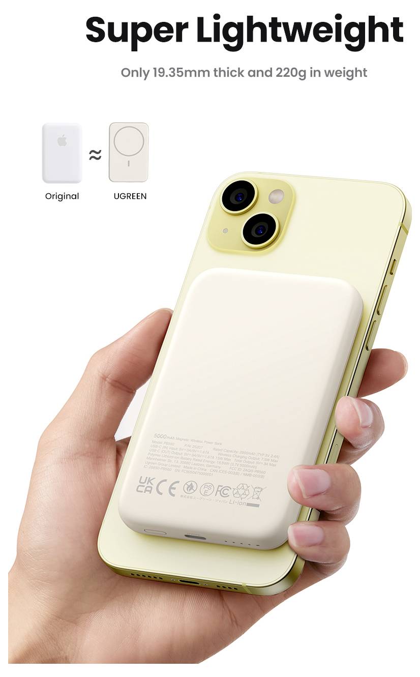 En 'Super Lätt' gul telefon med en vit trådlös powerbank fäst vid sig. Texten anger att den är 19,35 mm tjock och väger 220 g.