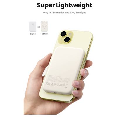 En 'Super Lätt' gul telefon med en vit trådlös powerbank fäst vid sig. Texten anger att den är 19,35 mm tjock och väger 220 g.
