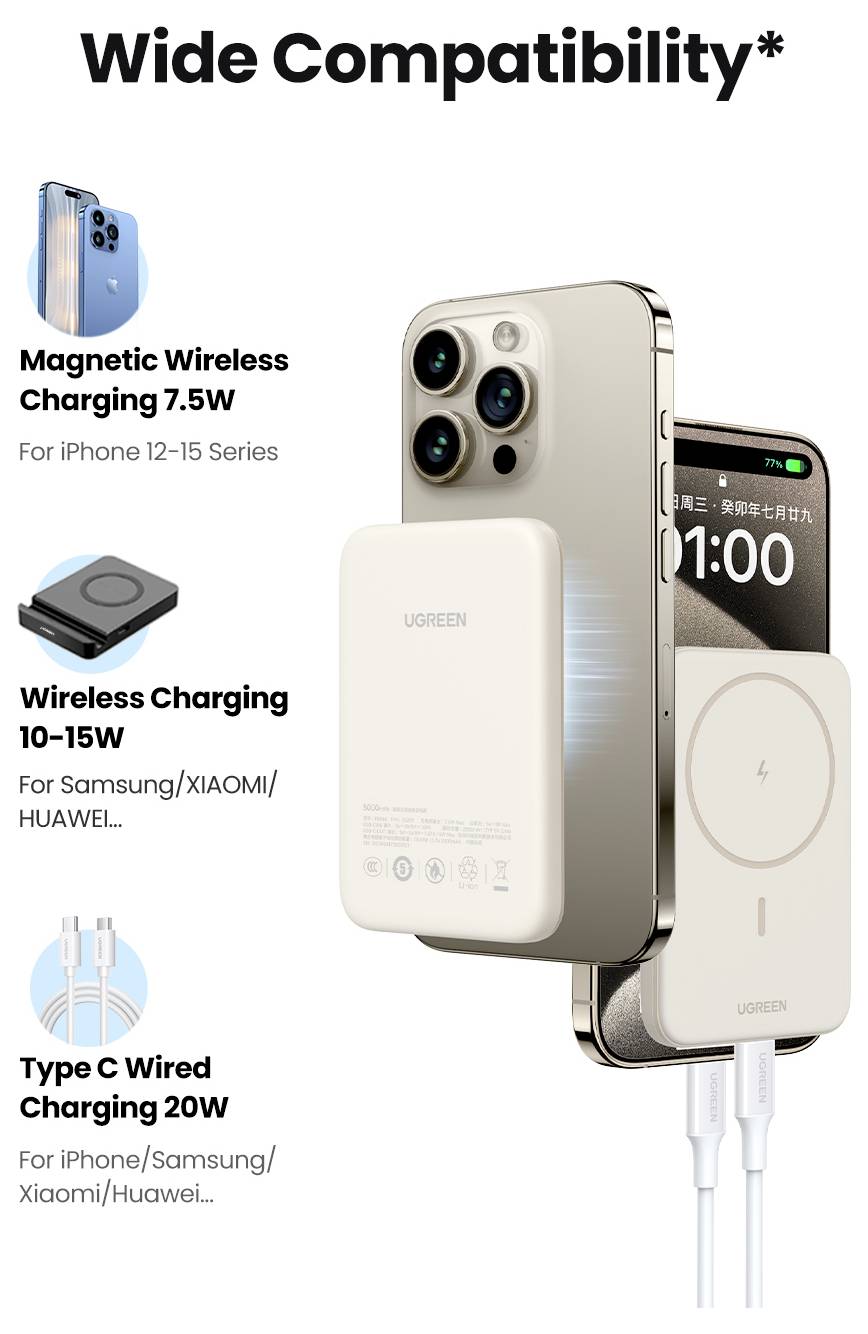 "Bred kompatibilitet" med en bild som visar en smarttelefon med en magnetisk trådlös laddare, trådlösa laddningsplattor för Samsung/Xiaomi/Huawei samt Type C kabelbaserad laddning.
