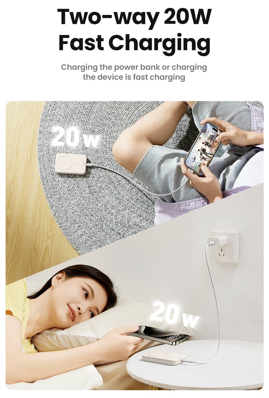 "Tvåvägs 20W Snabbladdning" bild som visar en person som använder en powerbank i en soffa och en annan som laddar den i sängen, vilket belyser mångsidigheten.