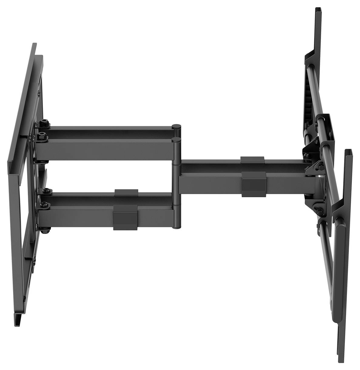 En svart, ledad TV-väggfäste med justerbara armar, visad i helt utdragen position.