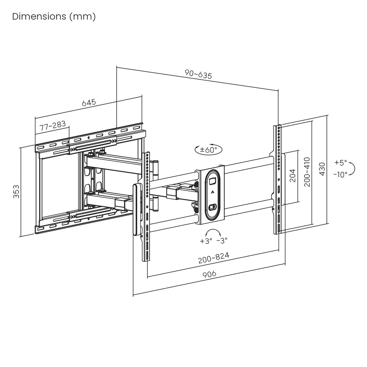Illustration av ett väggfäste med dimensioner. Visar rörelseintervall i millimeter: lutning, vridning och utdragning för TV-montering.