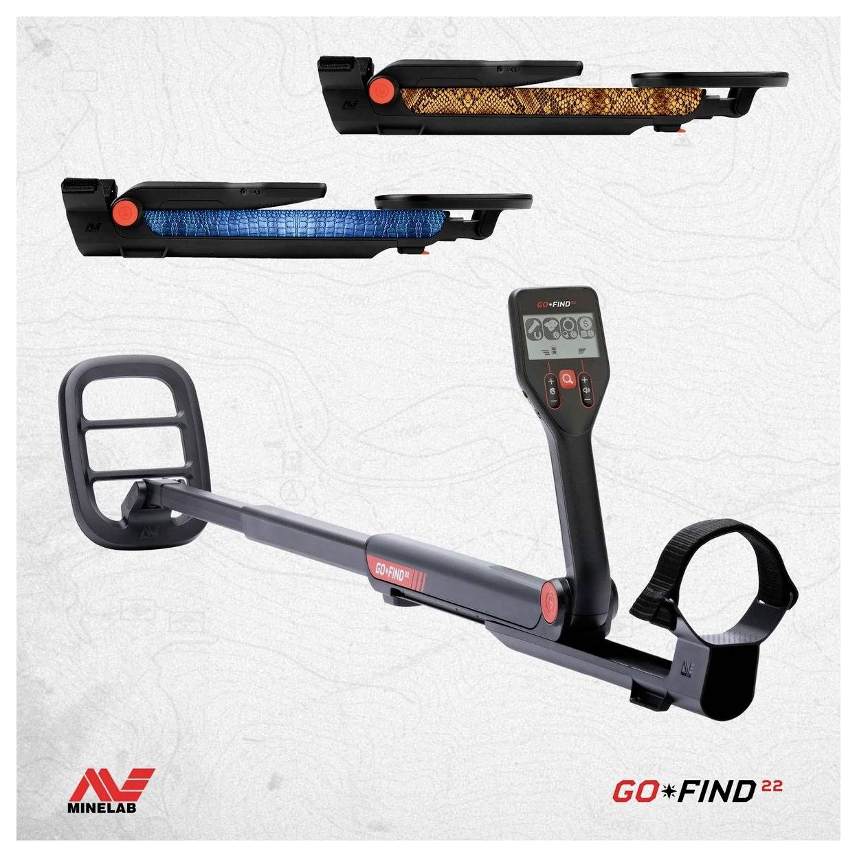 Minelab GO-FIND 22 metalldetektor med en illustration som visar dess kontrollpanel och sökspole. Två färgade ljusindikatorer visas: en orange, en blå.