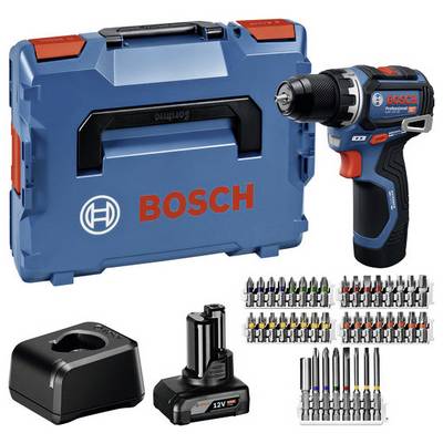 En sladdlös Bosch borrmaskinsats som inkluderar en borr, två batterier, en laddare, diverse borrbits och en förvaringsväska.
