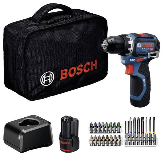 En Bosch sladdlös borr med ett svart bärväska, batteri, laddare och ett urval av borr- och skruvbits arrangerade nedanför.