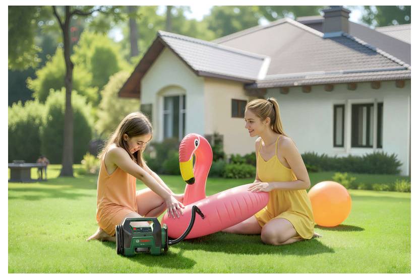 Två leende kvinnor i sommarklänningar pumpar upp en rosa flamingopoolflotte i en solig bakgård med ett hus och träd i bakgrunden.