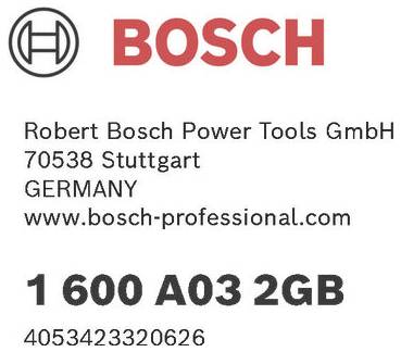 Bosch logotyp med text: 'Robert Bosch Power Tools GmbH, 70538 Stuttgart, Tyskland, www.bosch-professional.com, 1 600 A03 2GB, 4053423320626'.