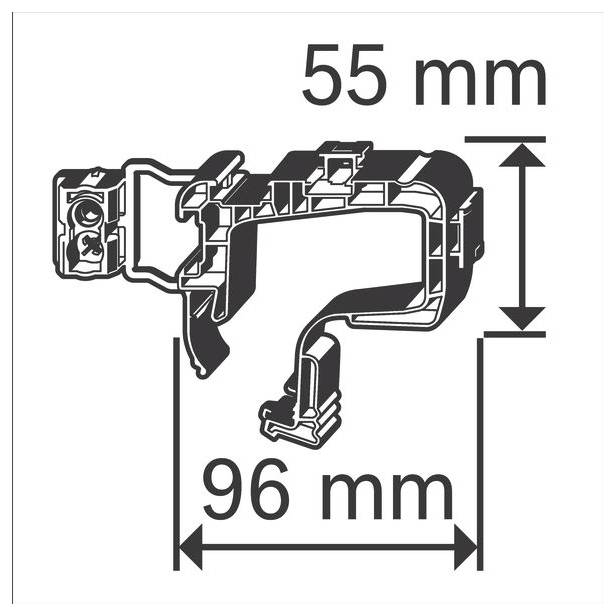 Teknisk ritning av en mekanisk komponent med dimensioner: 55 mm höjd, 96 mm bredd.