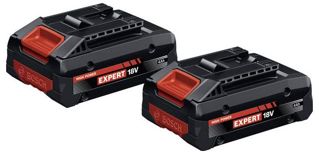 Två Bosch 18V-batterier med röd och svart design, märkta 'High Power' och 'EXPERT 18V 4.0Ah', placerade sida vid sida.