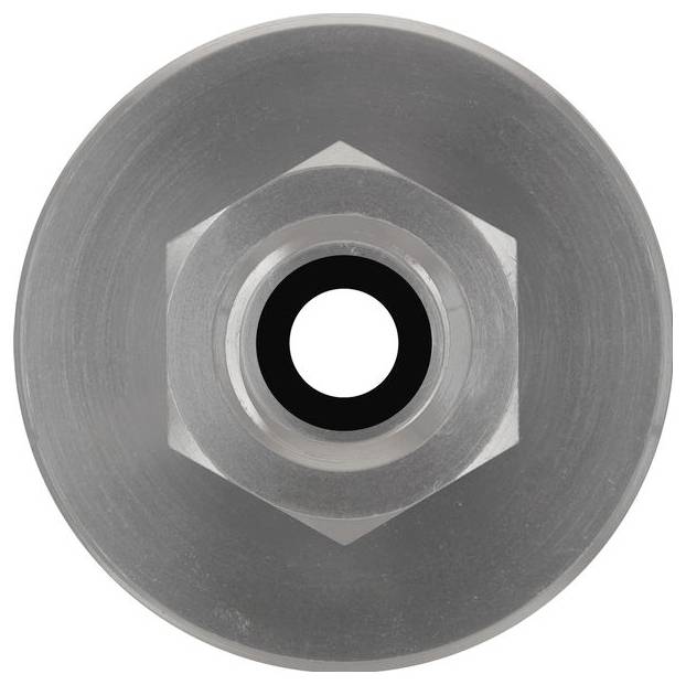 Ovanifrån av en sexkantig metallbult med ett cirkulärt hål i mitten, omgiven av en silverring på utsidan, mot en enkel bakgrund.