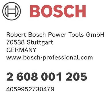 'Bosch' logotyp överst, följt av text: 'Robert Bosch Power Tools GmbH, 70538 Stuttgart, Tyskland, www.bosch-professional.com, 2 608 001 205, 4059952730479'.