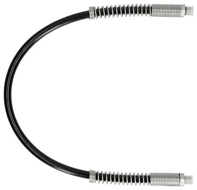 En svart flexibel slang med metalliska kopplingar i båda ändar, böjd i en U-form.