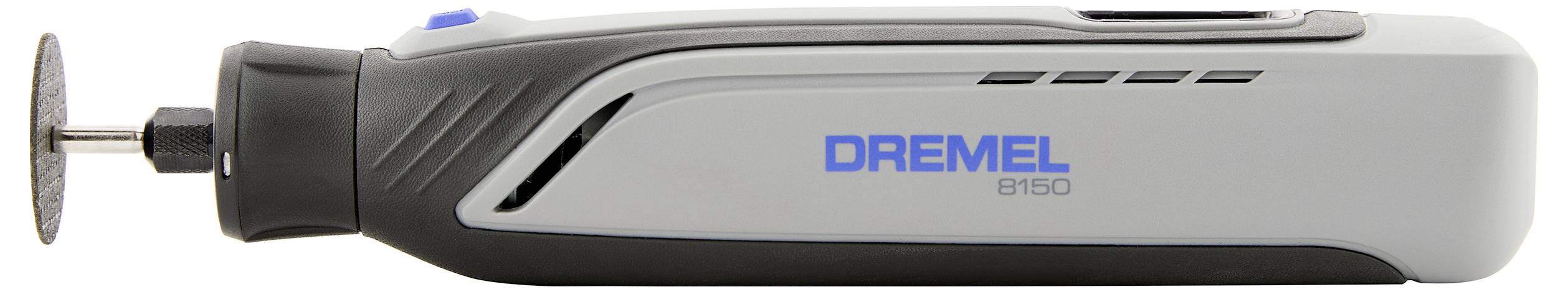 Dremel roterande verktyg med ett slipskivstillsats, grå och svart design, med varumärkesnamnet 'Dremel 8100' synligt på sidan.