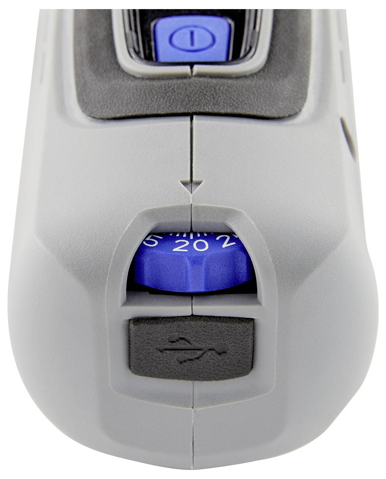'En närbild av en grå och svart enhet med en blå ratt numrerad från 5 till 20 och en USB-symbol nedanför, vilket indikerar justerbara inställningar.'