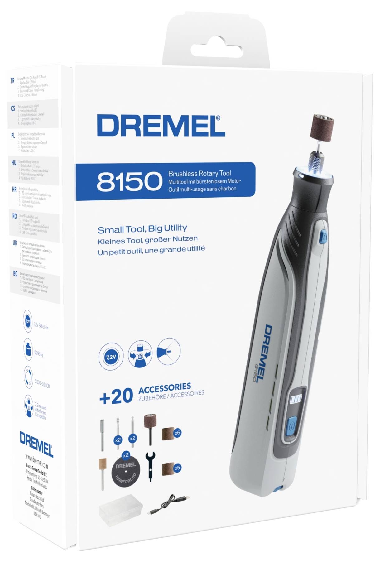 Dremel 8150 sladdlös roterande verktyg låda som visar verktyget, 20 tillbehör och flerspråkig text: "Litet verktyg, stor användbarhet."
