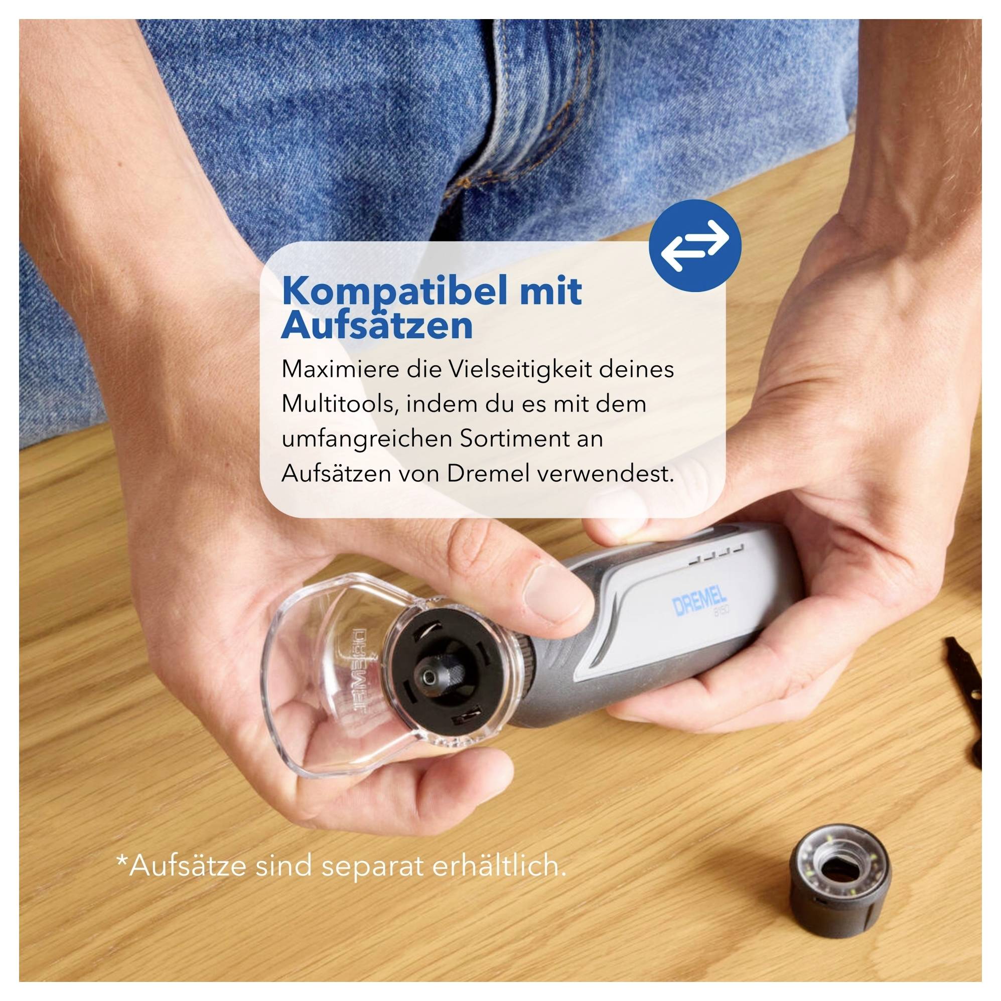 En person fäster ett slipverktyg på en Dremel-maskin på en träyta. Texten betonar tillbehörskompatibilitet.