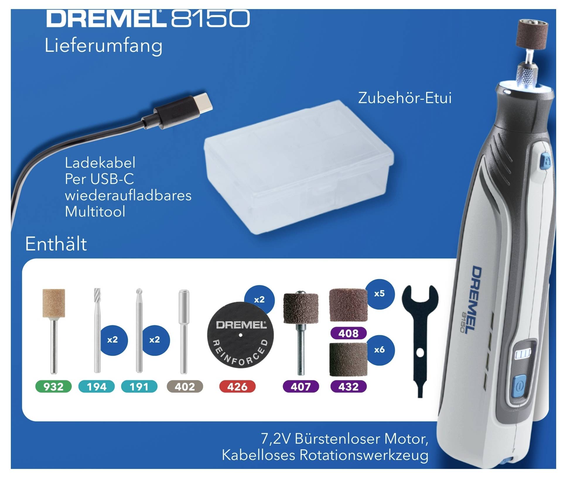 'Dremel 8150-verktygssats inkluderar USB-C-laddningskabel, tillbehörsväska, flera slip- och kapsningsbilagor samt skiftnyckel.'