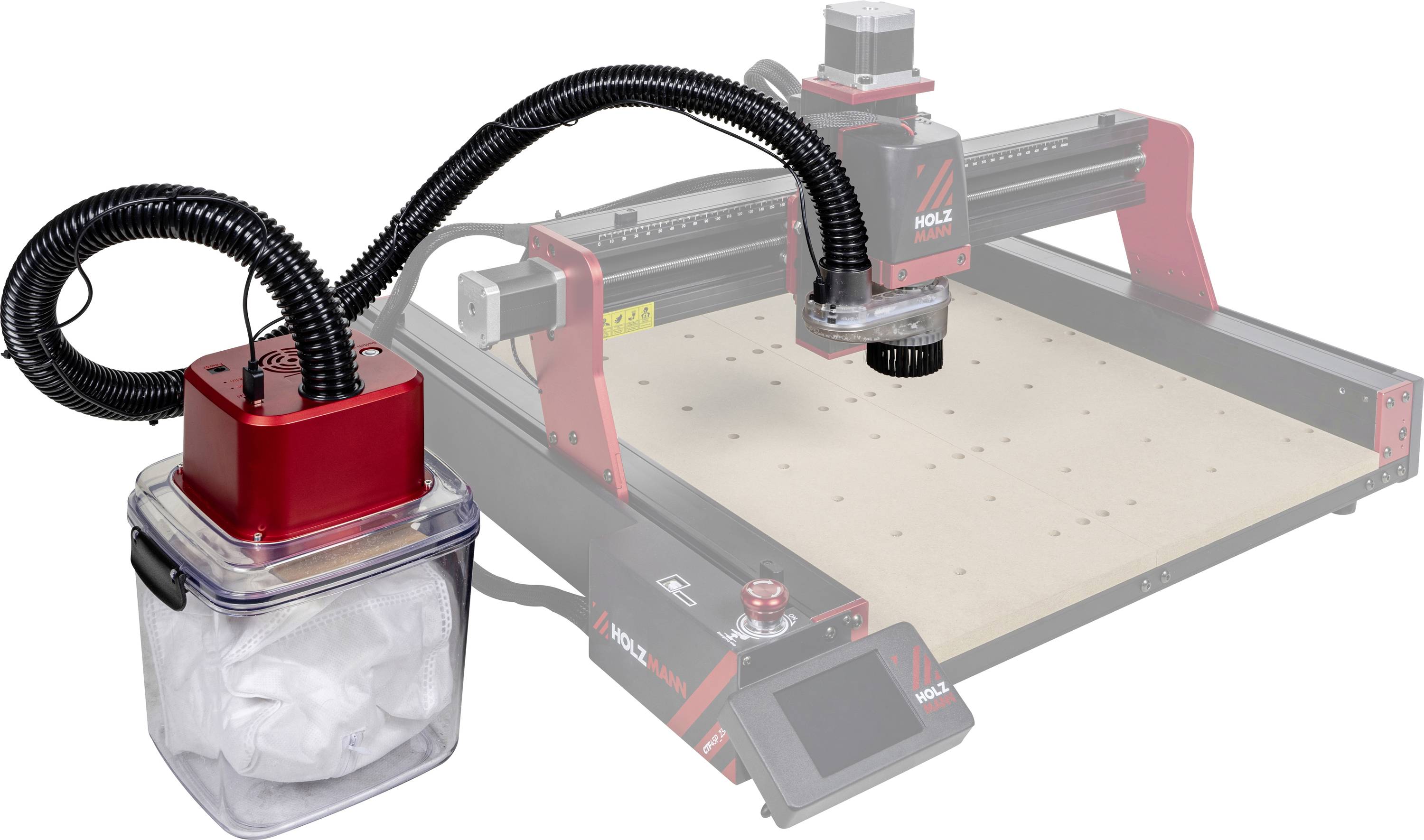 En röd och svart CNC-maskin med en dammuppsamlingsslang ansluten, visad på en vit bakgrund, använd för precisionskapande uppgifter.