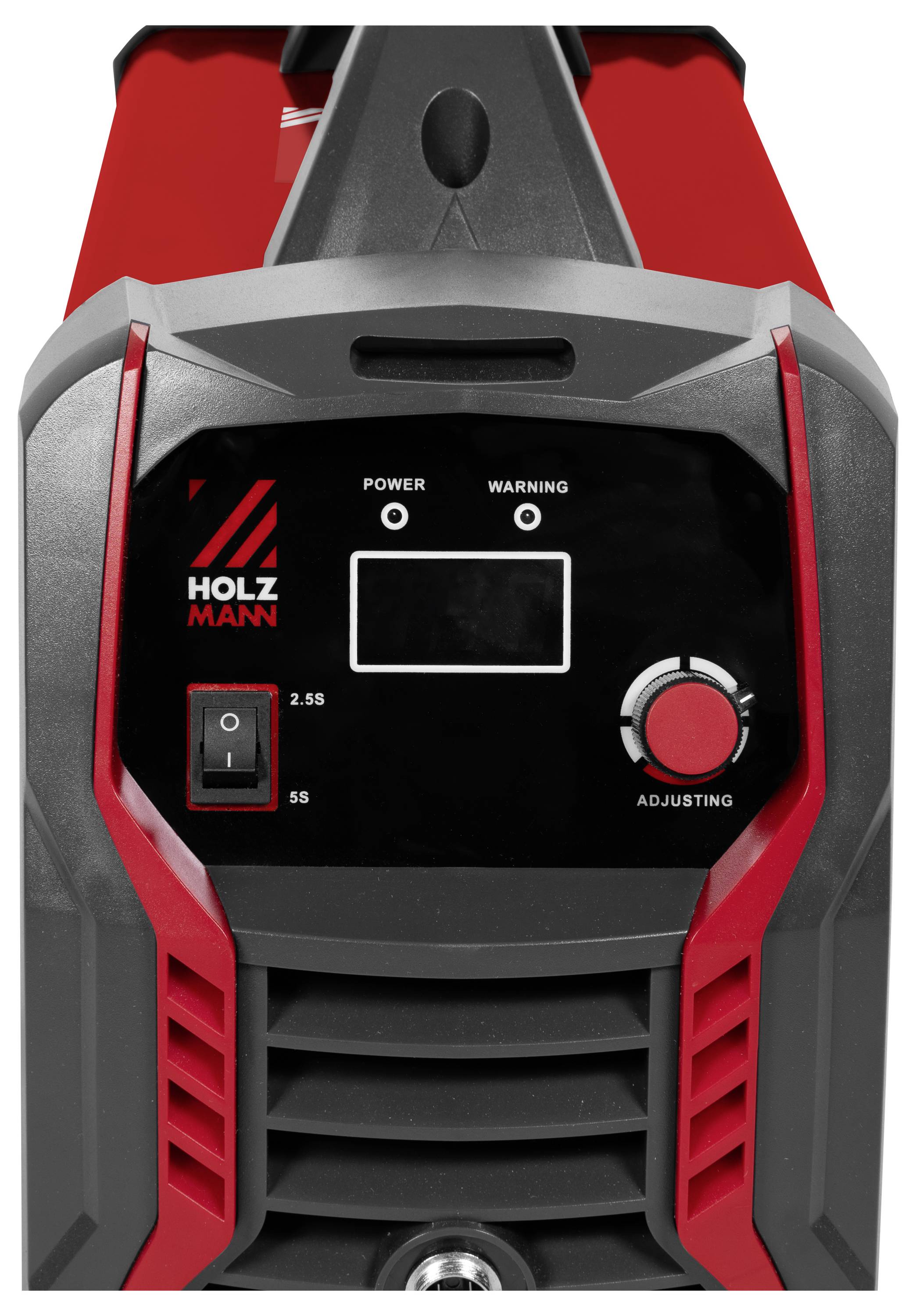 En närbild av en röd och svart industriell maskins kontrollpanel med en strömbrytare, vred märkta 'JUSTERING' och statuslampor.