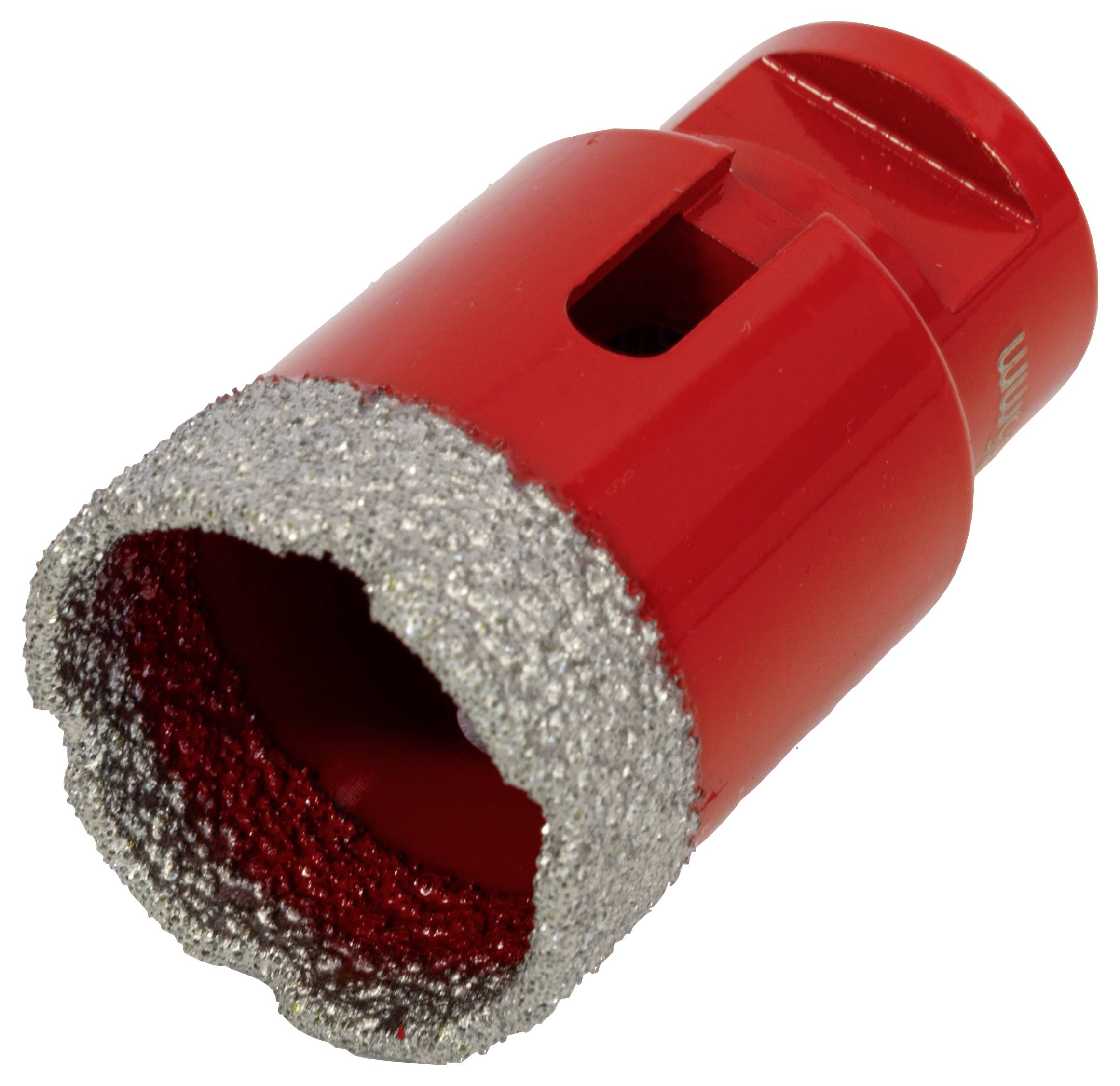 En röd cylindrisk verktyg med en grov, texturerad kant avsedd för att skära in i hårda material.