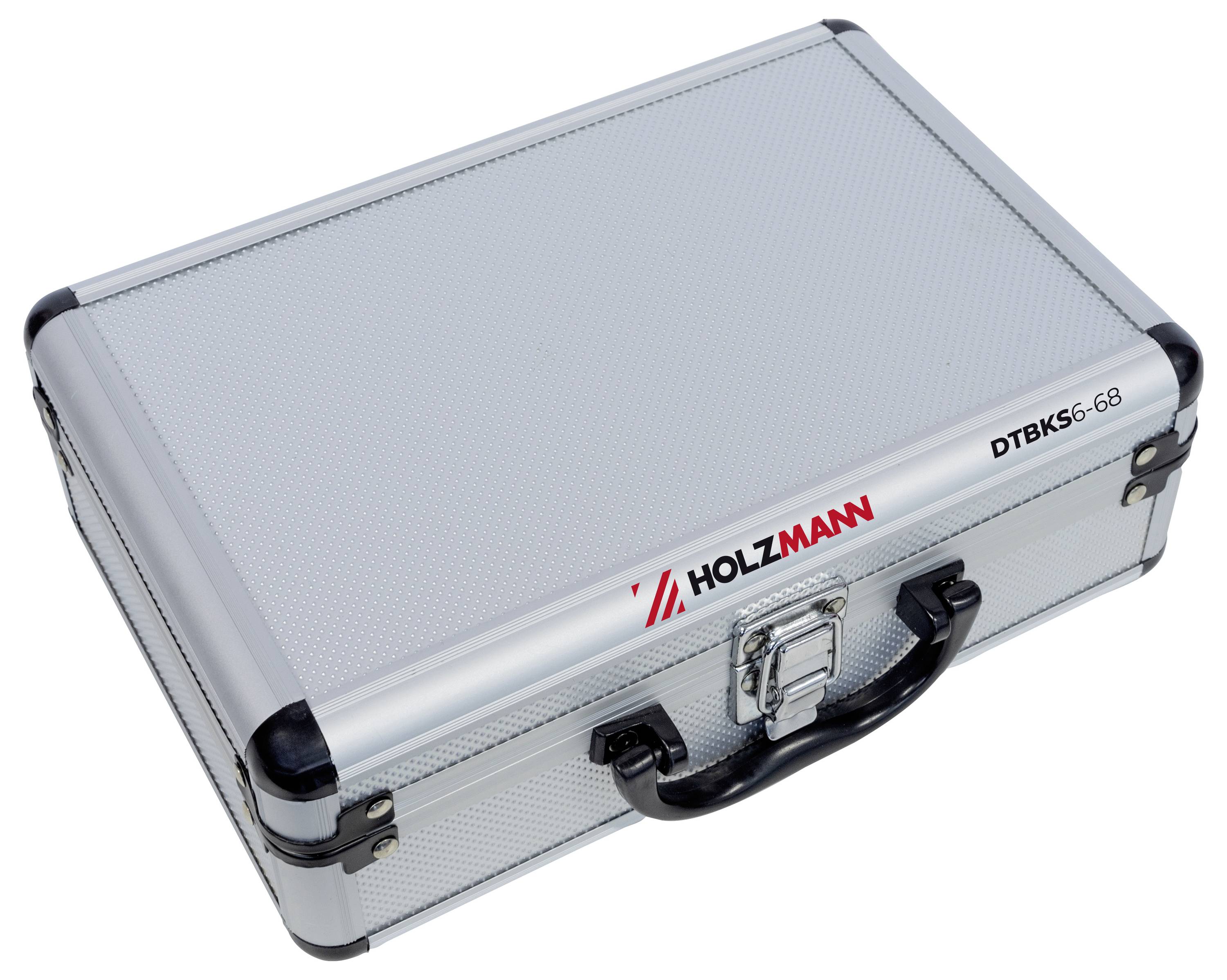 En silverfärgad verktygslåda med ett svart handtag, märkt 'HOLZMANN' och 'DTBKS6-68', avsedd för transport av verktyg eller utrustning.