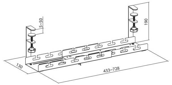 Diagram över ett justerbart fäste, med längd 433-728 mm, bredd 130 mm och höjd 190 mm, med flera öppningar/spår.
