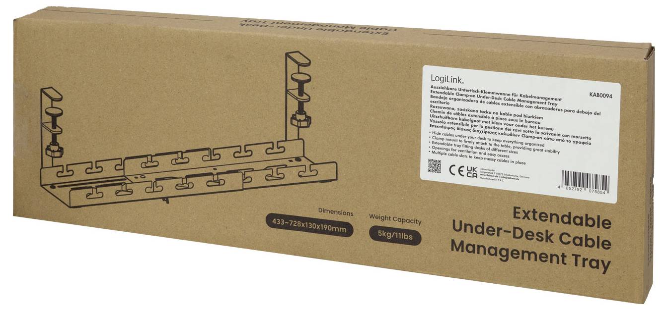 En pappkartong för en 'LogiLink Utdragbar Kabelhanteringshylla för under skrivbordet', som visar produktillustration och detaljer på flera språk.