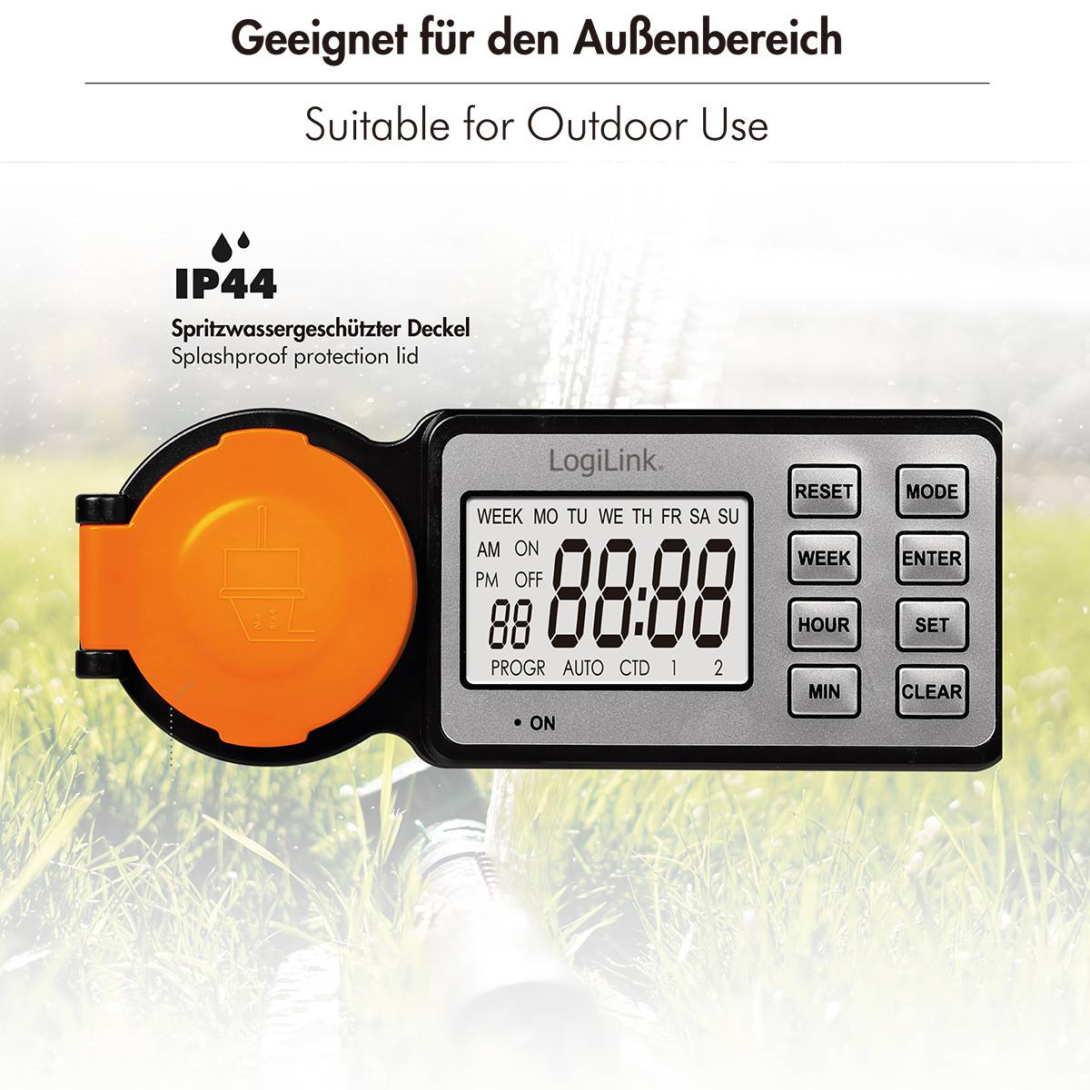 En digital timer med ett skyddande lock märkt 'IP44' som indikerar stänksäker. Displayen visar '00:00:00'. Knappar inkluderar återställning, läge och inställning. Lämplig för utomhusbruk.