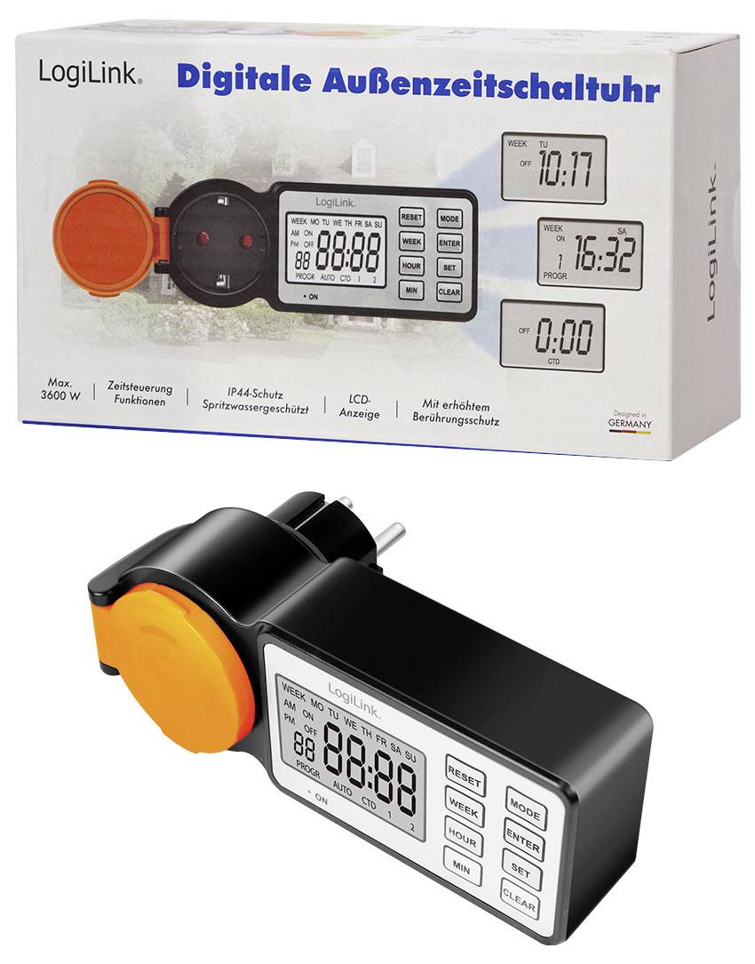 LogiLink Digital Utomhustimer' visar en produkt med en LCD-skärm och kontakt, där funktionerna inkluderar maximalt 3600W effekt, IP44-skydd och inställningsdisplay.
