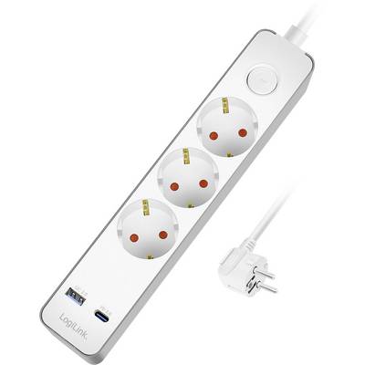 En vit grenuttag med tre europeiska uttag, en USB-C-port, en USB-A-port och en strömbrytare, märkt 'LogiLink'.