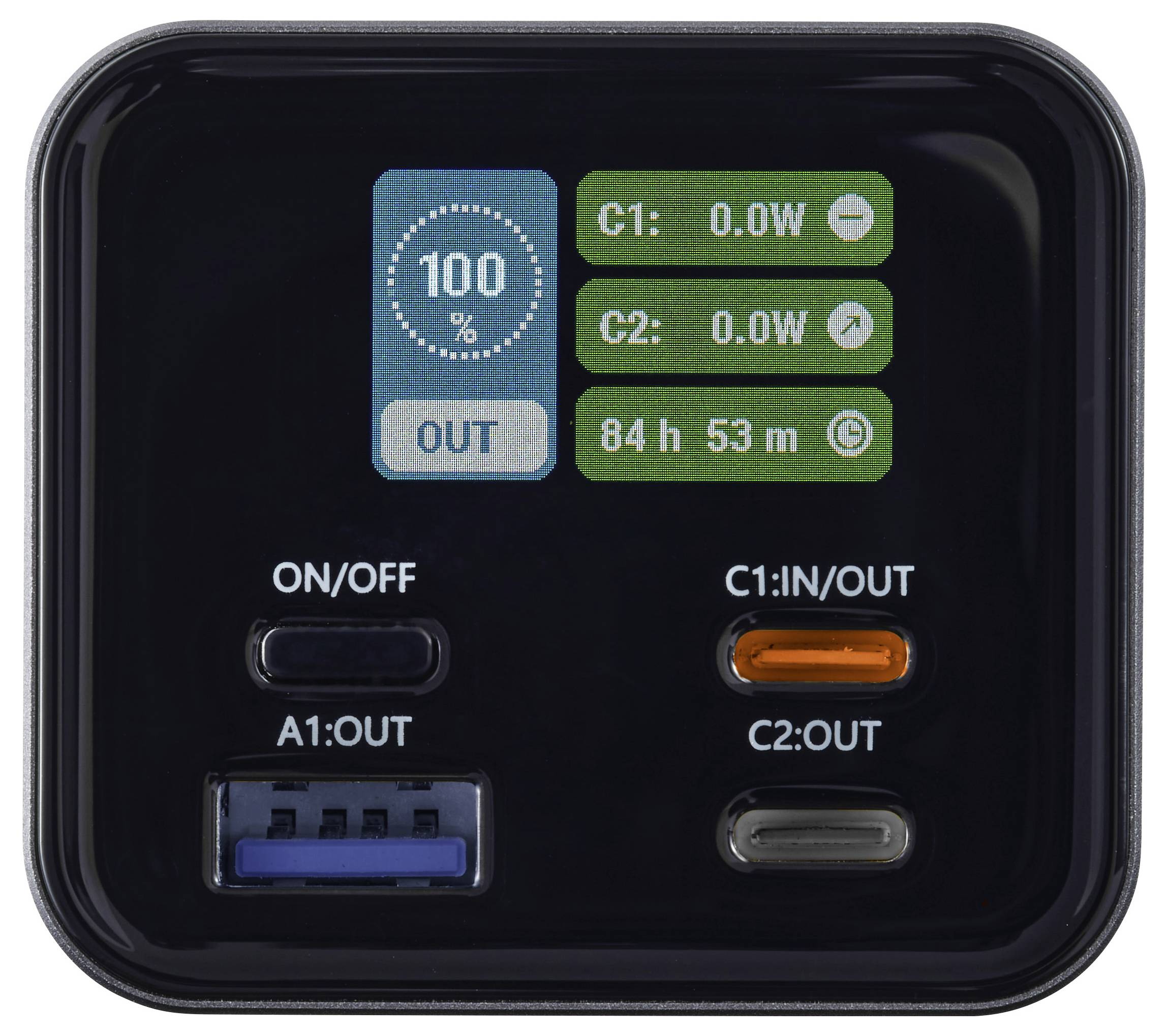 En svart elektronisk enhets skärm som visar batteristatusen '100%'. Visar två portar: 'C1' och 'C2', båda indikerar '0,0W'. En 'PÅ/AV'-knapp finns nedanför.