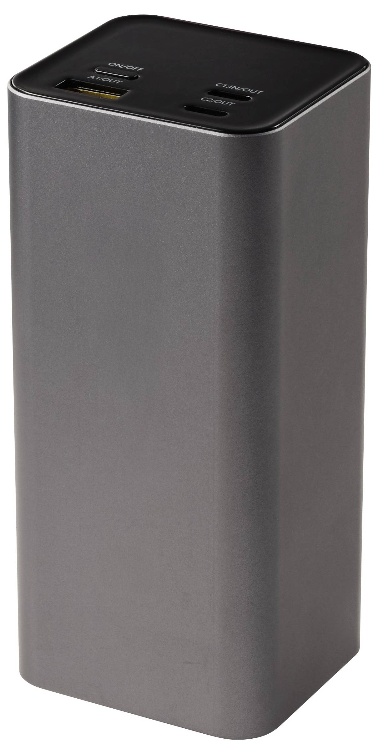 En rektangulär, svart portabel batteriladddare med två USB-portar på ovansidan för laddning av elektroniska enheter.