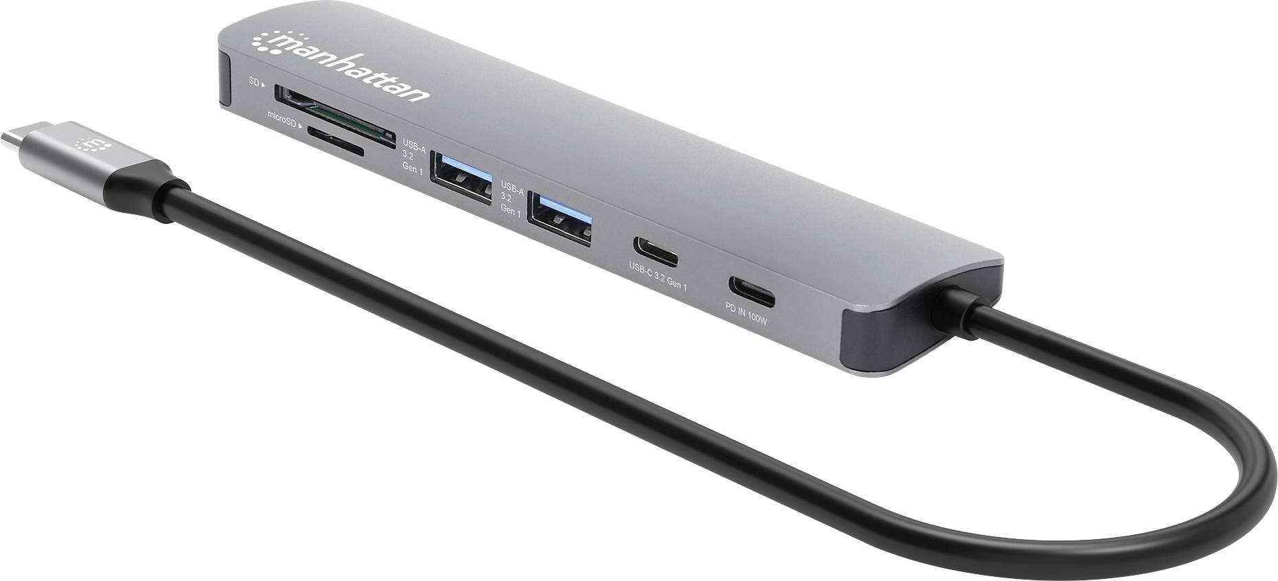 En multiansluten USB-C-hubb med olika platser och portar, inklusive USB, HDMI och SD-kortplats, ansluten via en medföljande kabel.